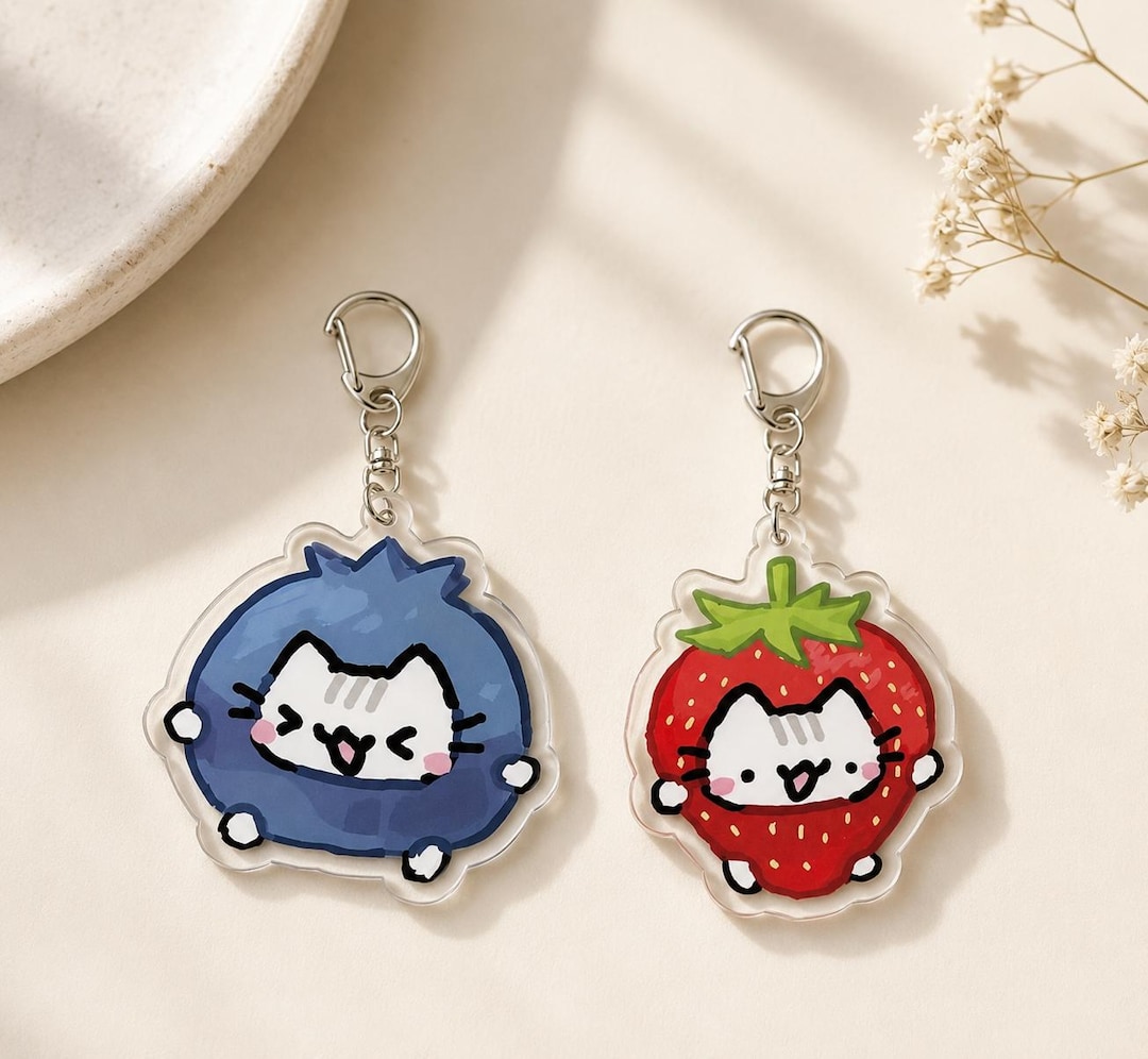 Fruit Cat Acrylic Keychain, Blueberry Strawberry Kitty Charm, Pastel Bestie Accessory