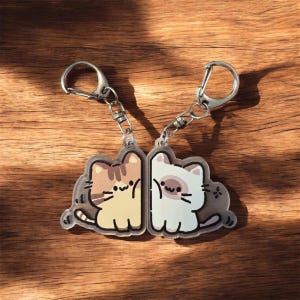 May include: Two cat-shaped keychains with silver-colored clasps. One keychain features a tan and brown cat, the other a white and gray cat. Both have black outlines and are on a wooden surface.
