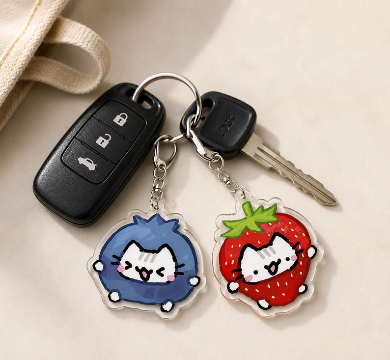 May include: Two acrylic keychains attached to a metal ring with a car key fob and a metal house key. One keychain features a white cat inside a blue blueberry, and the other features a white cat inside a red strawberry with green leaves.