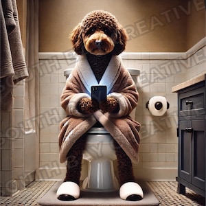 Goldendoodle Bathroom Humor Portrait - Funny Dog Digital Art for Download - Cozy Bathrobe & Slippers Wall Decor
