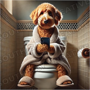 Goldendoodle Bathroom Humor Portrait - Funny Dog Digital Art for Download - Cozy Bathrobe & Slippers Wall Decor
