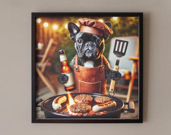 BBQ French Bulldog Art - Funny Dog Barbecue Portrait - Digital Download for Pet Lovers - Grill Night Wall Art