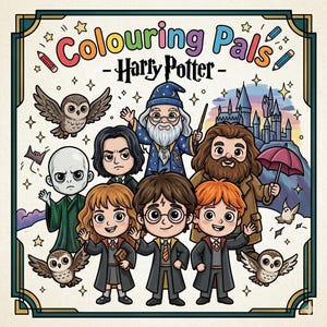 Puede incluir: Ilustración colorida con personajes de Harry Potter. La imagen incluye el texto "Colouring Pals - Harry Potter" y representa a Harry, Hermione, Ron, Dumbledore, Hagrid, Snape, Voldemort y búhos. El fondo muestra Hogwarts.