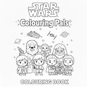 May include: Black and white Star Wars "Colouring Pals" coloring book. The cover features illustrations of Star Wars characters including Chewbacca, Yoda, and R2-D2, along with the Millennium Falcon and other space ships. The title "Star Wars" is at the top.