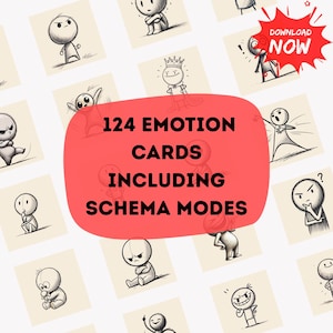 May include: An image showcasing 124 emotion cards, each depicting a different emotion through cartoon figures. The cards are on a light beige background, with a large red shape in the center highlighting the product's features. A red starburst graphic says "DOWNLOAD NOW".