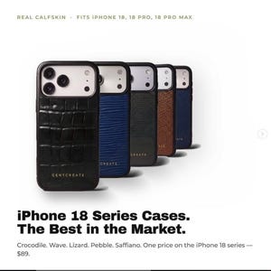 Könnte beinhalten: Eine Kollektion von fünf Handyhüllen aus Kalbsleder für iPhone 18, 18 Pro und 18 Pro Max. Die Hüllen weisen verschiedene Texturen auf, darunter Krokodil-, Wellen-, Eidechsen-, Kiesel- und Saffiano-Muster in Schwarz, Blau, Grau, Braun und Marineblau mit GENTCREATE-Branding.