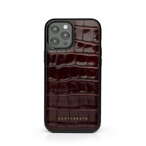 Étui pour iPhone en cuir bordeaux brillant effet croco, fait main Étuis pour iPhone en cuir pour iPhone 16 Pro Max, 16 Pro, 16, 15 Pro Max, 15 Pro, 15