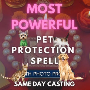 May include: A vibrant image with the text "MOST POWERFUL PET PROTECTION SPELL" and "SAME DAY CASTING". The image features a Yorkie, a kitten, a Golden Retriever, and a Bengal cat, along with candles and pearls.