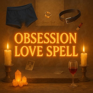 May include: A mystical scene with the words "OBSESSION LOVE SPELL" in glowing orange. The image includes dark blue boxer shorts, a gold ring, a black collar, a small vial, lit candles, crystals, a glass of red wine, and a photograph.