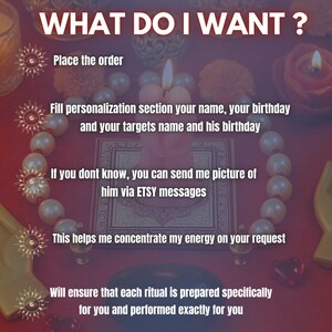 May include: A red background with text that reads "WHAT DO I WANT?" and instructions for placing an order, providing personalization details, and sending a picture via Etsy messages. The image includes candles, pearls, and decorative elements.