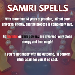 May include: Image features the text "SAMIRI SPELLS" in white, with additional text describing the practice of directing universal energy. A pink candle is centered, surrounded by pearls and other decorative items on a red surface.