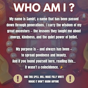 K&ouml;nnte beinhalten: Roter Hintergrund mit wei&szlig;em Text: "WHO AM I?". Der Text beschreibt Samiri, ihren Zweck und ihre Arbeit. Das Bild enth&auml;lt eine Perlenkette, Kerzen und ein kleines Buch. Der Text enth&auml;lt auch eine Warnung.