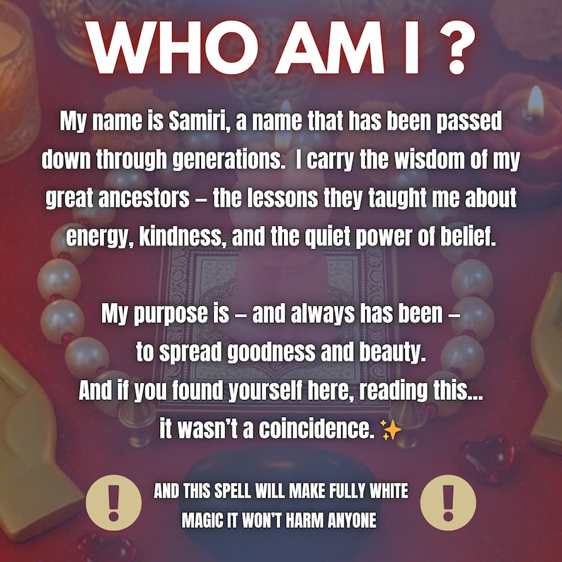 K&ouml;nnte beinhalten: Roter Hintergrund mit wei&szlig;em Text: "WHO AM I?". Der Text beschreibt Samiri, ihren Zweck und ihre Arbeit. Das Bild enth&auml;lt eine Perlenkette, Kerzen und ein kleines Buch. Der Text enth&auml;lt auch eine Warnung.