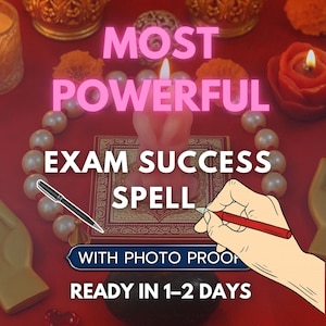 May include: A pink candle sits on a square patterned tile surrounded by a circle of white pearls on a red surface. The image features the text MOST POWERFUL EXAM SUCCESS SPELL WITH PHOTO PROOF READY IN 1-2 DAYS and a graphic of a hand holding a red pen.
