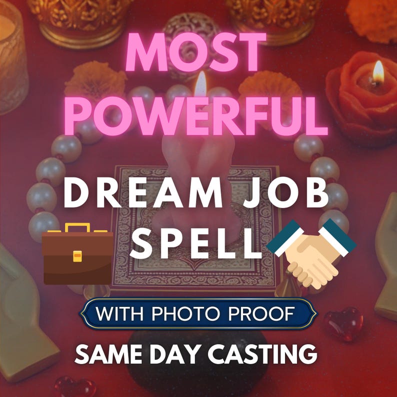 K&ouml;nnte beinhalten: Eine rosa Kerze mit einer brennenden Flamme ist der Mittelpunkt dieses Bildes, umgeben von Perlen, Kerzen und dem Text "MOST POWERFUL DREAM JOB SPELL". Eine Aktentasche und eine Handshake-Grafik sind ebenfalls enthalten.