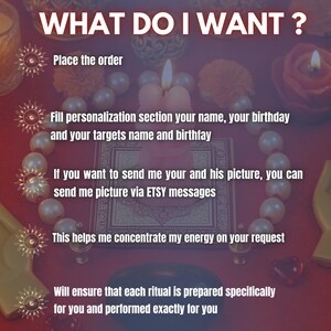 May include: A red background with text that reads "WHAT DO I WANT?". Instructions include placing an order, filling out a personalization section, and sending pictures via Etsy messages. The image also features candles, pearls, and decorative elements.