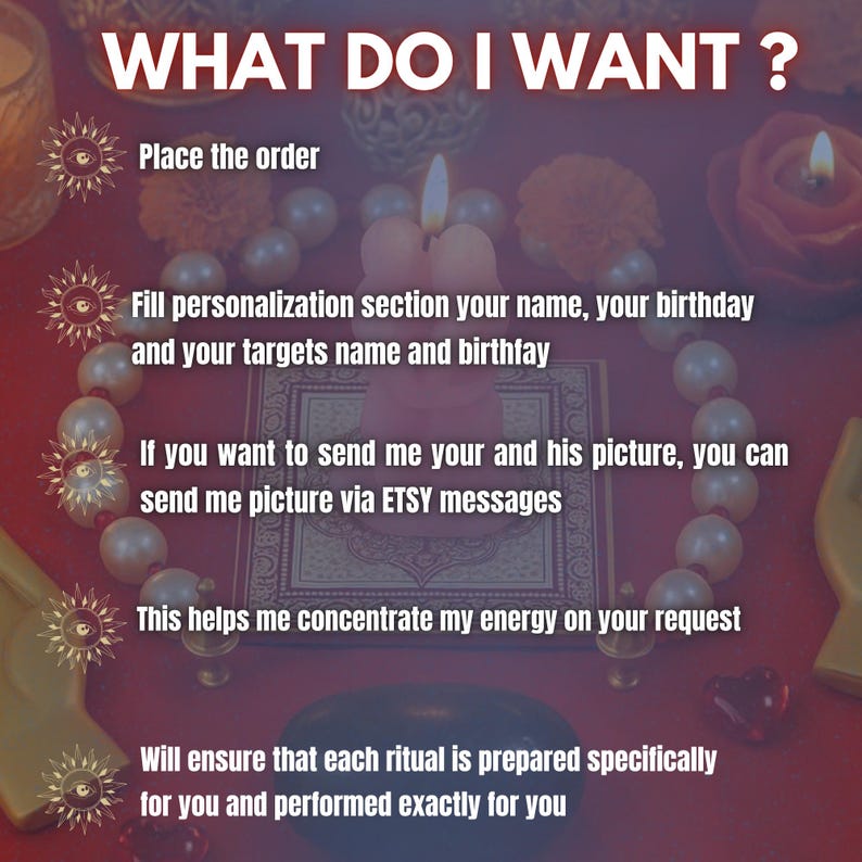 May include: A red background with text that reads "WHAT DO I WANT?". Instructions include placing an order, filling out a personalization section, and sending pictures via Etsy messages. The image also features candles, pearls, and decorative elements.