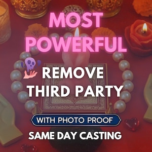May include: A pink candle with a lit flame is the focal point of this image, surrounded by pearls, candles, and text that reads "MOST POWERFUL REMOVE THIRD PARTY WITH PHOTO PROOF SAME DAY CASTING". The background is red.