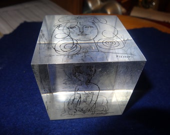Clear Lucite Cube With Nude Line Drawing Around The Cube By Famous Artis