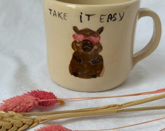 Capybara Latte Mug/ Beige Stoneware Coffee Mug/ Handmade Pottery Unique Ceramic Mug/ Hand-Drawn Thanksgiving Dinnerware Cute Mug