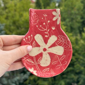 Ceramic Spoon Rest/ Handmade Pottery Coffee Spoon Rest/ Red Floral Ceramic Spoon Holders/ Housewarming Gift Stoneware Dinnerware