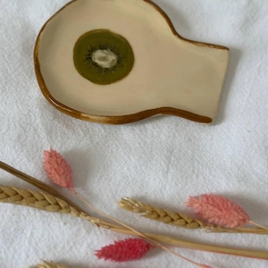 Ceramic Spoon Rests with Kiwi and Cherry Set of 2 / Handmade Pottery Spoon Holders / Fruit-Themed Ceramic Kitchen Decor Set of 2