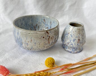Handmade Matcha Set / Pottery Tea Set / Japanese Tea Ceremony Set / Artisan Stoneware Matcha Bowl and Whisk Holder / Rustic Farmhouse Decor