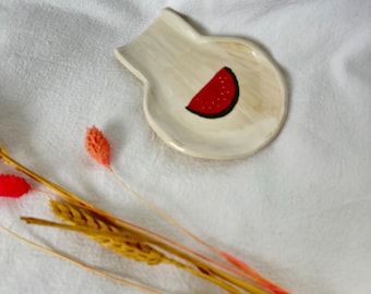 Handmade Pottery Unique Water Mellon Spoon Rest Ceramic/ Stoneware Dinnerware Coffee Spoon Rest/ Hand-Drawn Ceramic Kitchen Decor Spoon Rest