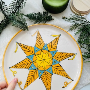 Handgemaakte kerstbordenset met engel, Starburst Bowl Art en Winter Village Decor