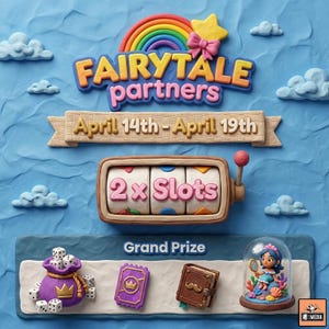 Peut inclure: Illustration fantaisiste avec le texte "FAIRYTALE partners" et "April 14th - April 19th." Une machine à sous affiche "2x Slots." En dessous, un sac de dés violet, une carte violette, un livre et une boule à neige avec une figurine sont présentés.