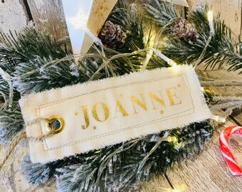 Personalised Fabric tag, Gold Foiled Name, Tag for Santa Sack, Christmas Stocking, Name Tag, Gift Tag, Rustic Scandi style