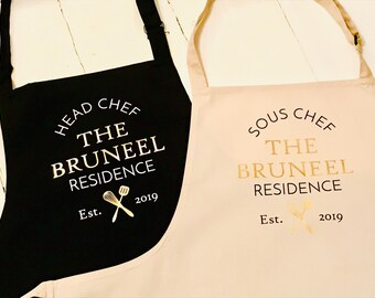 Couples Set of 2 Aprons - Head / Sous chef - Personalised 2nd Wedding Anniversary Gift - Mr & Mrs -  Custom married name est year, new home