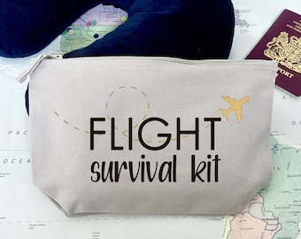 Flight Survival Kit, canvas zip pouch, travel essentials, gift for travellers, Long haul flight bag, In-Flight Bag