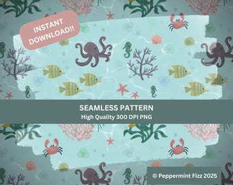 Under the Sea theme Seamless Repeatable Pattern 300 DPI PNG Instant Download Digital Papers Fabric Surface Design