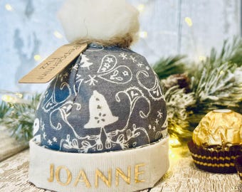 Mini Fabric Bobble Hats, cute festive table decor, place name, table favour, scandi style, rustic calico, luxury personalised decoration