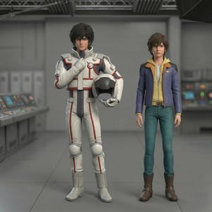 Puede incluir: Dos figuras de estilo anime est&aacute;n en una habitaci&oacute;n gris. Una figura lleva un mono blanco y rojo con un casco. La otra figura lleva una chaqueta azul sobre una camisa amarilla y pantalones verde azulado. Ambas figuras tienen el pelo oscuro.