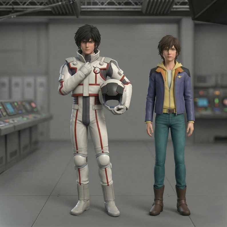 Puede incluir: Dos figuras de estilo anime est&aacute;n en una habitaci&oacute;n gris. Una figura lleva un mono blanco y rojo con un casco. La otra figura lleva una chaqueta azul sobre una camisa amarilla y pantalones verde azulado. Ambas figuras tienen el pelo oscuro.