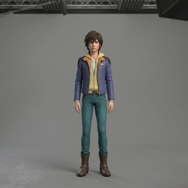 Puede incluir: Imagen de cuerpo entero de un personaje con una chaqueta azul sobre una sudadera con capucha amarilla, vaqueros verde azulado y botas marrones. El personaje tiene el pelo casta&ntilde;o y est&aacute; de pie frente a un fondo gris. La chaqueta tiene un peque&ntilde;o emblema en el pecho.