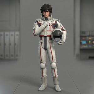 Puede incluir: Figura de una persona con un traje espacial blanco y rojo, sosteniendo un casco. El traje tiene detalles en rojo y una franja gris en la parte delantera. La figura tiene cabello negro y est&aacute; de pie en una habitaci&oacute;n gris.