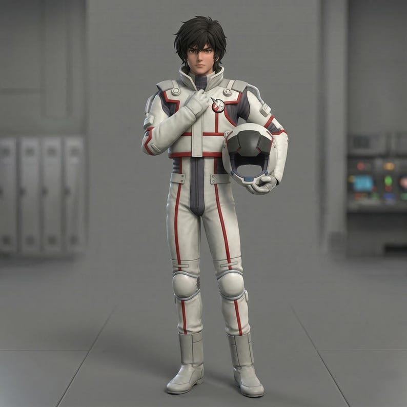 Puede incluir: Figura de una persona con un traje espacial blanco y rojo, sosteniendo un casco. El traje tiene detalles en rojo y una franja gris en la parte delantera. La figura tiene cabello negro y est&aacute; de pie en una habitaci&oacute;n gris.