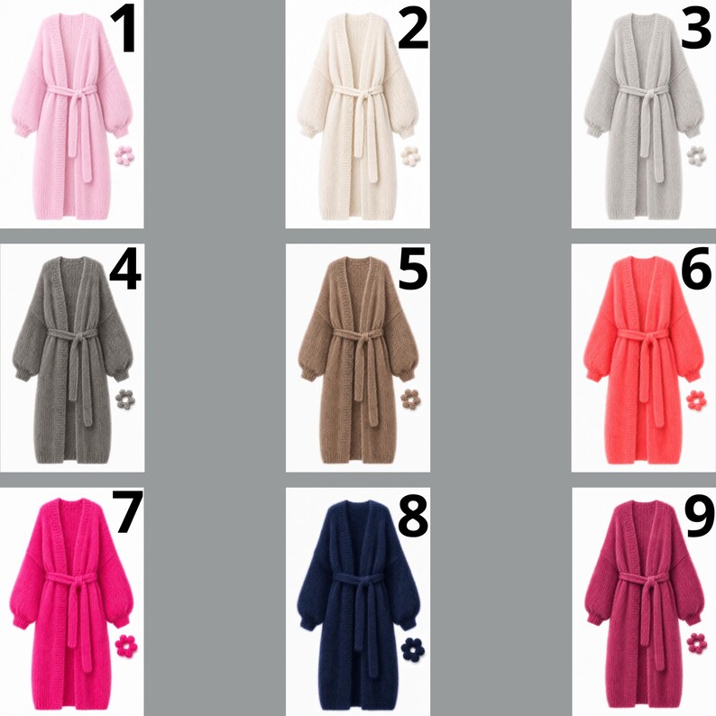 May include: A collection of nine long-sleeved, open-front knit cardigans, each featuring a matching tie belt at the waist and ribbed cuffs. The cardigans are displayed in various solid colors including pink, cream, gray, charcoal, brown, coral, magenta, navy, and plum.