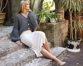 Mohair Cardigan: Handmade Oversized Fluffy Knit Sweater for Women