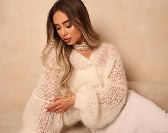 Mohair Sweater Soft Handmade Women’s Cozy White Mohair Knit Cardigan Luxurious Gift for Girlfriend Knitted Women’s Cardigan Mohair Yarn