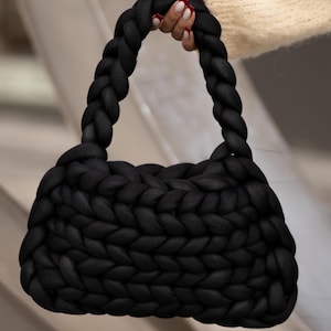 Black Knit Shoulder Bag: Plush Wool Crochet Purse