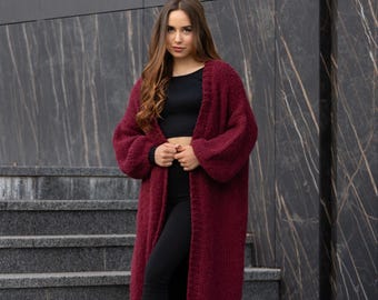 Handmade Cardigan Burgundy Minimalist Design Chic Alpaca Silk Cardigan Women&#39;s Long Burgundy Cardigan Natural Materials Clothes Moms Gift