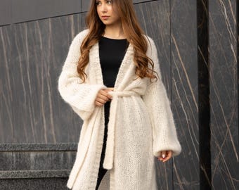 Handmade Alpaca Silk Blend Long Cardigan: Ankle Length Knit Coat