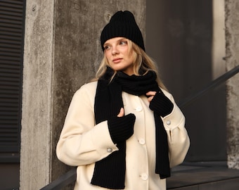 Merino Wool Hat Scarf Set: Warm Knit Gloves, Winter Accessories for Women
