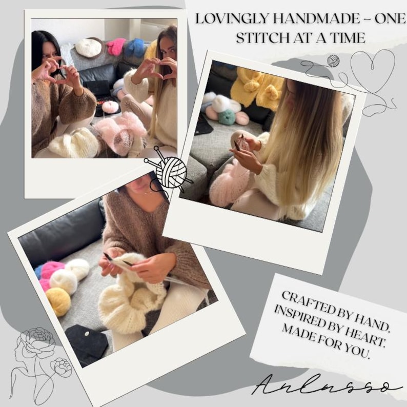 May include: A collage of three photographs showing a person knitting with white yarn and needles. The text reads LOVINGLY HANDMADE - ONE STITCH AT A TIME and CRAFTED BY HAND, INSPIRED BY HEART, MADE FOR YOU. Various balls of colorful yarn are visible.