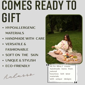 Puede incluir: Un c&aacute;rdigan de punto color crema con adornos florales rosas, mangas largas y cierre de botones. El texto dice: COMES READY TO GIFT, HYPOALLERGENIC MATERIALS, HANDMADE WITH CARE, VERSATILE & FASHIONABLE, SOFT ON THE SKIN, UNIQUE & STYLISH, ECO-FRIENDLY.
