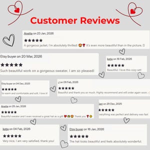 May include: A collection of customer reviews displayed on a light gray background with red text reading Customer Reviews and decorative black line-art hearts. Each review includes a five-star rating, a date, and text from various Etsy buyers.